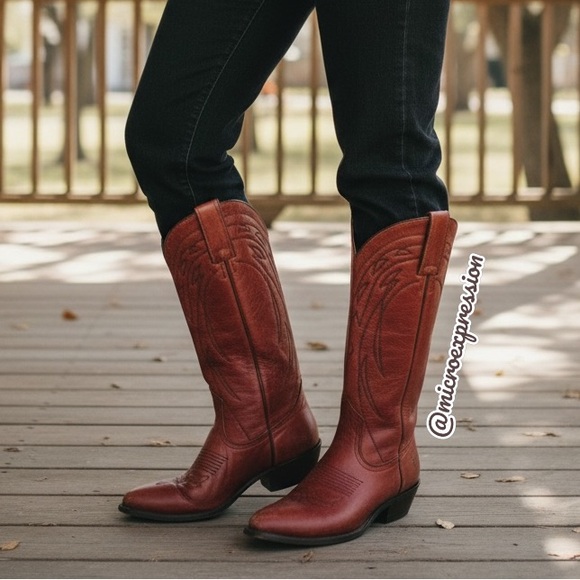 Frye Shoes - $385 Frye Billy Vintage Red Brick Leather Embroidered Pull-On Cowgirl Tall Boot